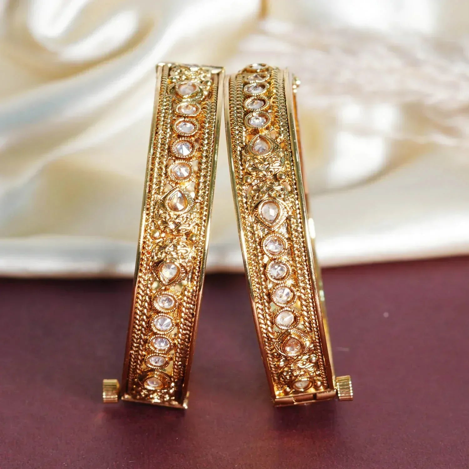 Antique Design Brass Kada for Women & Girl | Kundan Studded Bracelet Perfect for Party & Daily wear - The Golden Cascade